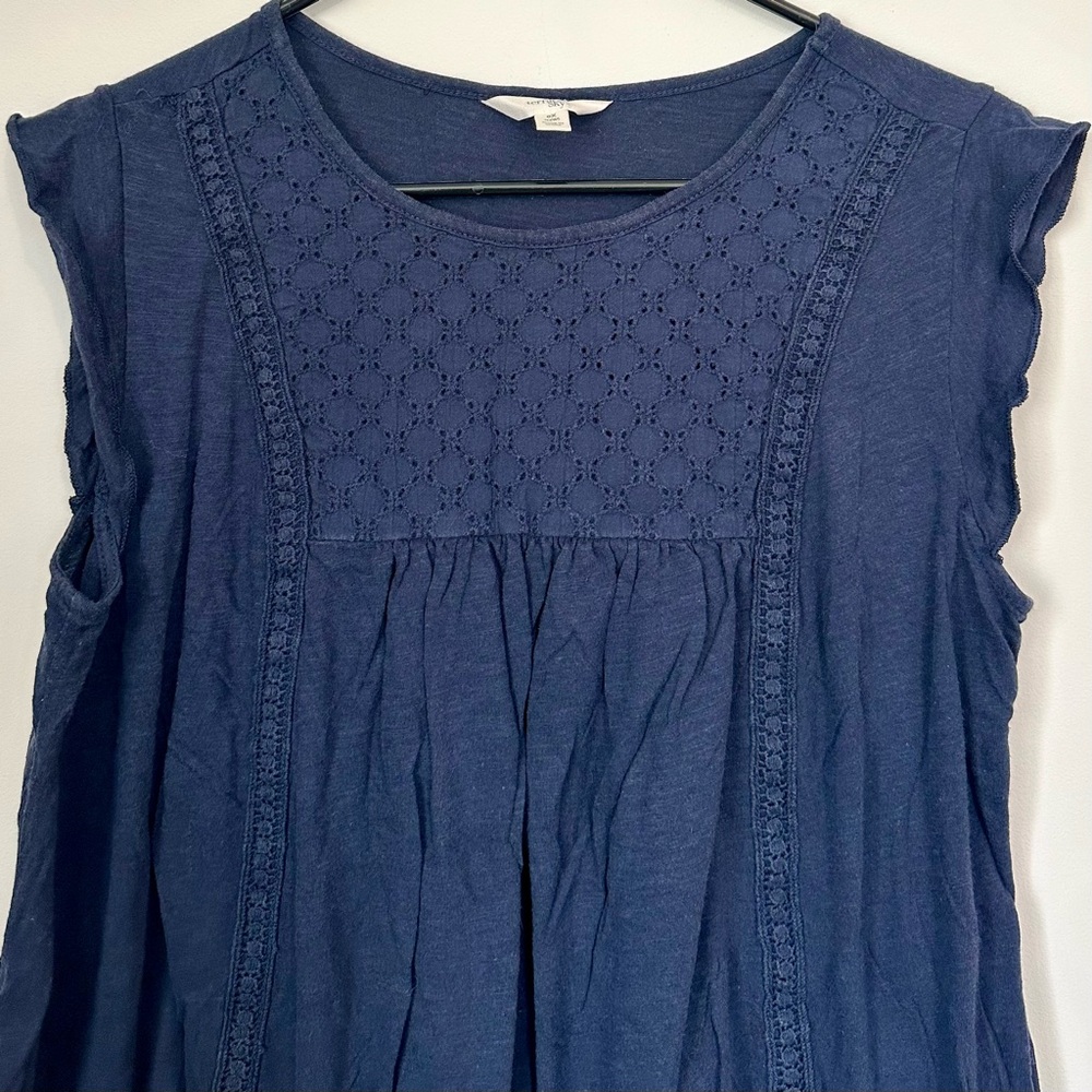 Terra & Sky Dark Blue Eyelet Trim Flutter Sleeve Top - Size: 14W - Picture 5 of 8